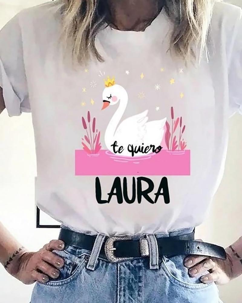 

Animal Letter Print Short Sleeve Casual T-shirt, White