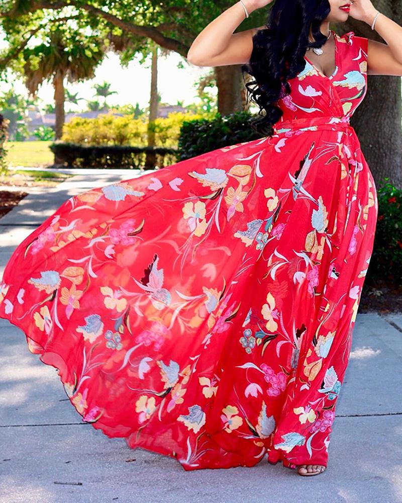 

Floral Print Mesh Sleeveless Maxi Dress, Red