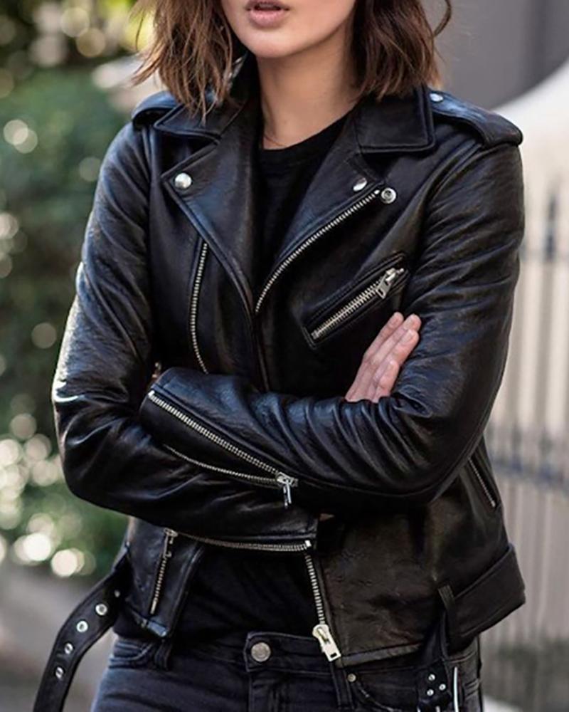 

Zipper Button Design PU Leather Coat, Black