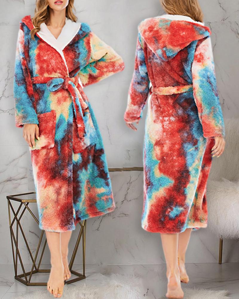 

Tie Dye Print Dual Pocket Belted Plush Hooded Robe, Multicolor