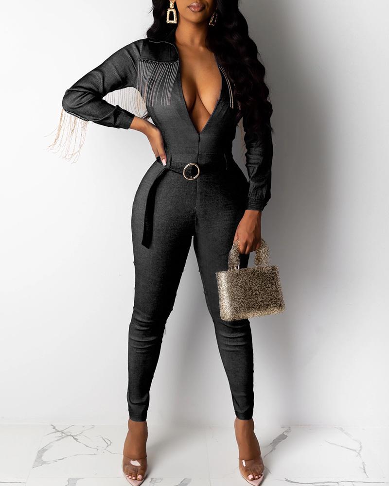 

Tassel Patchwork Denim V-Neck Jumpsuit, Black