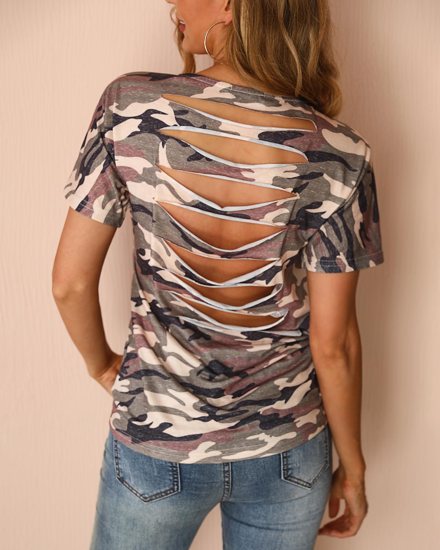 

Camourflage Print Cutout Back Casual Top, Multicolor