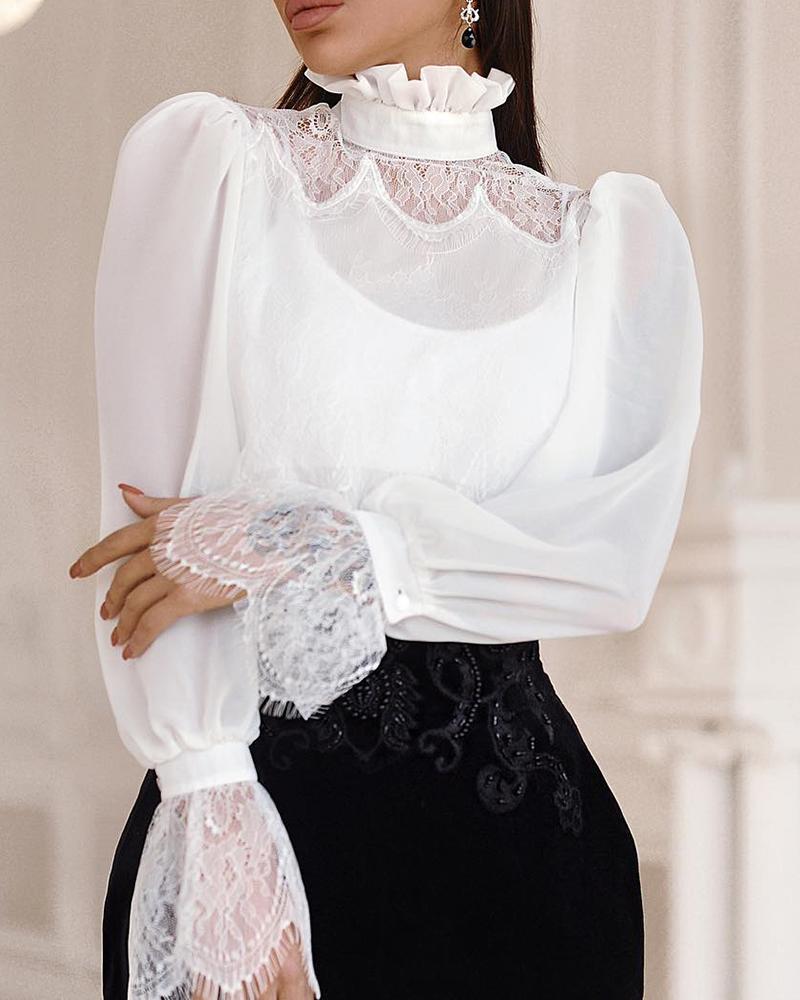 

High Neck Eyelash Lace Plain Blouse, White