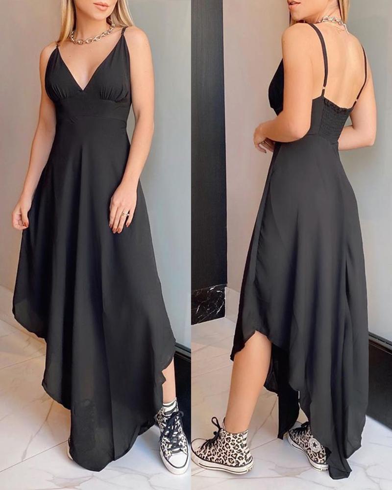 

Spaghetti Strap Irregular Trim Backless Maxi Dress, Black