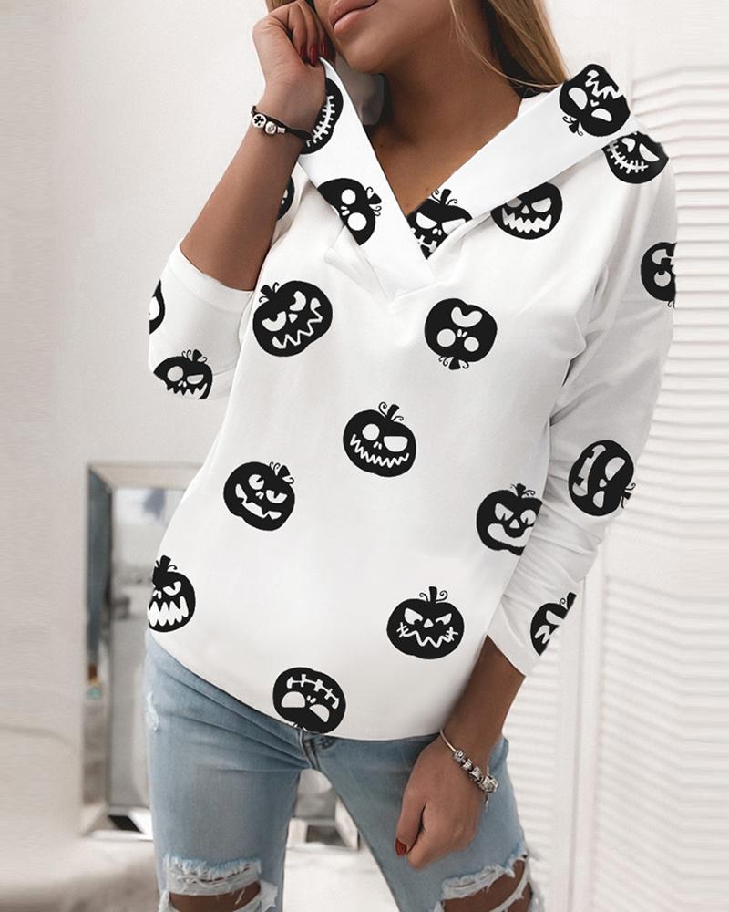 

Halloween Pumpkin Face Print Hooded Top, White