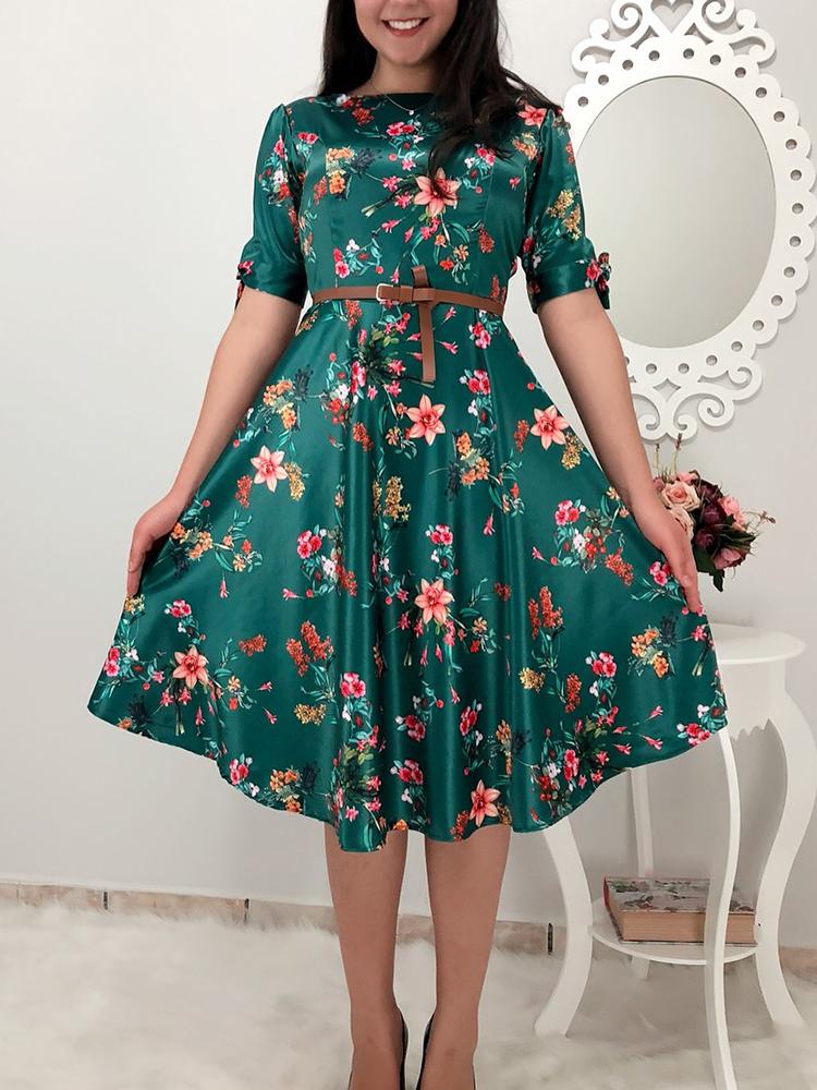 

Floral Print Tied Sleeve Pleated Casual Dress