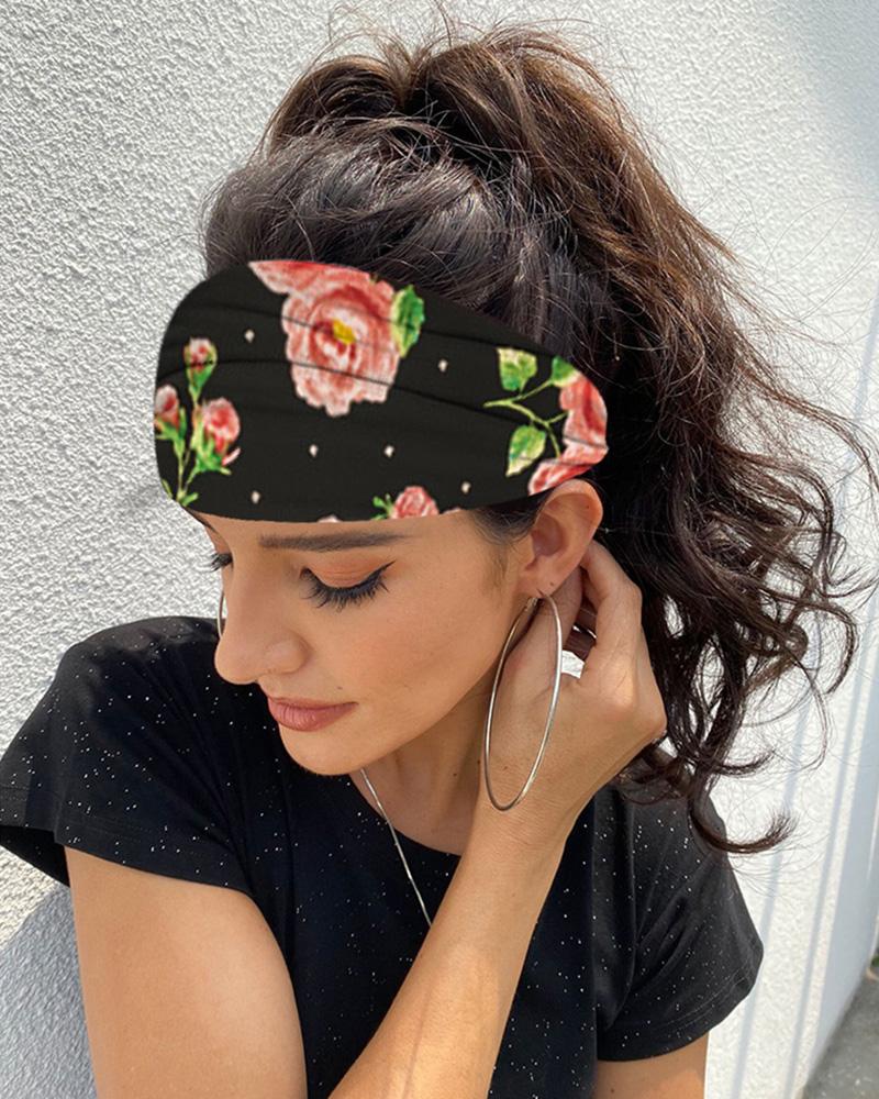 

Floral Print Yoga Running Elastic Headwraps Hair Band, Black