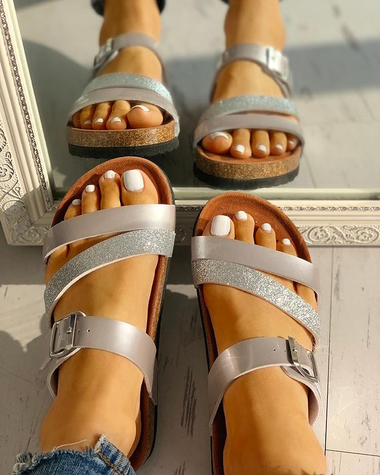 

Glitter Multi-strap Open Toe Flat Sandals