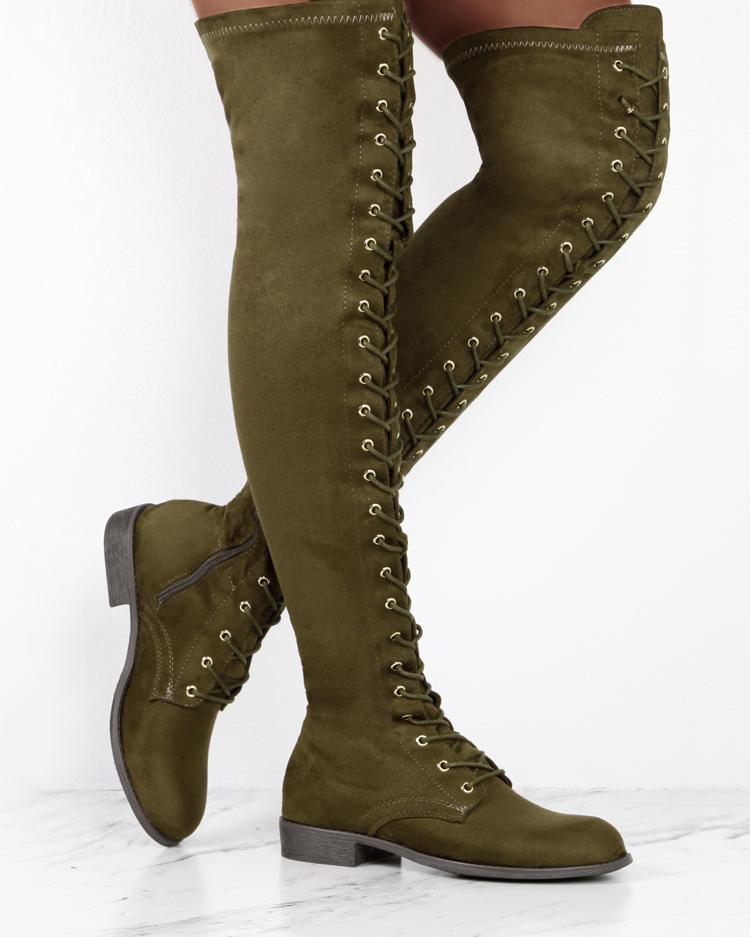 

Knee-High Eyelet Lace Up Side Zipper Boots, Army green