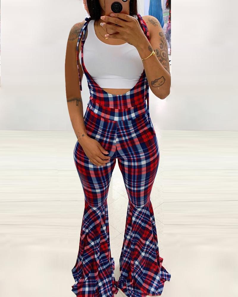 

Grid Ruffles Strap Knotted Bell Bottom Pants, Red