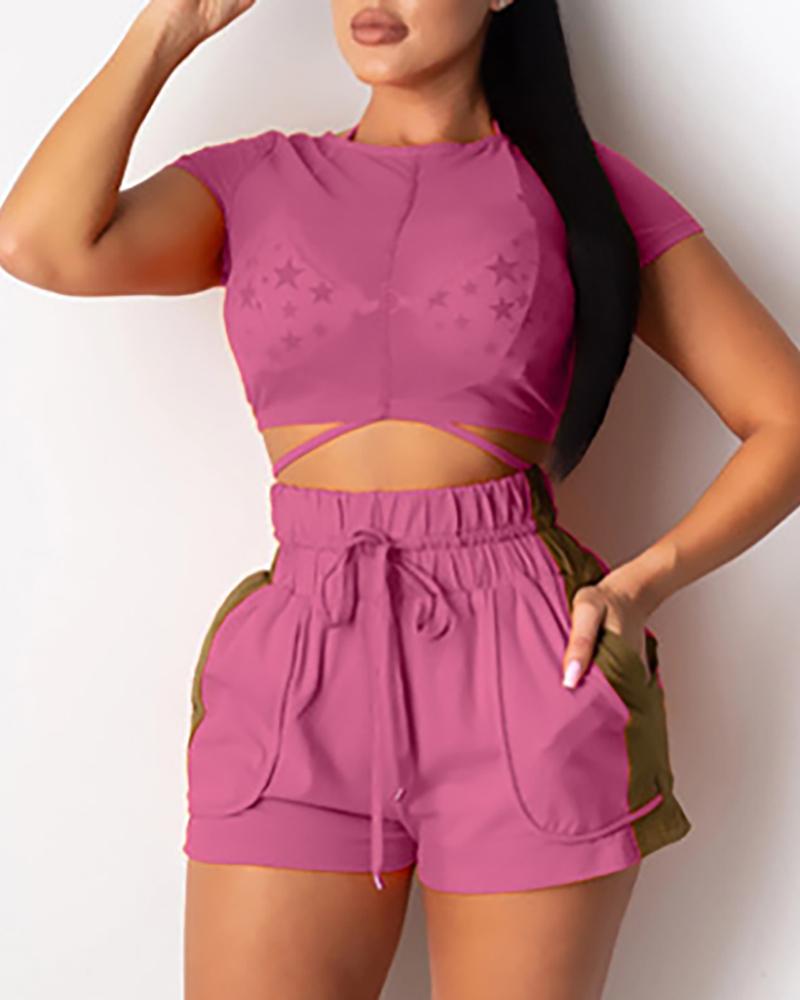 

Sheer Mesh Top & Drawstring Pocket Design Shorts Set, Purple