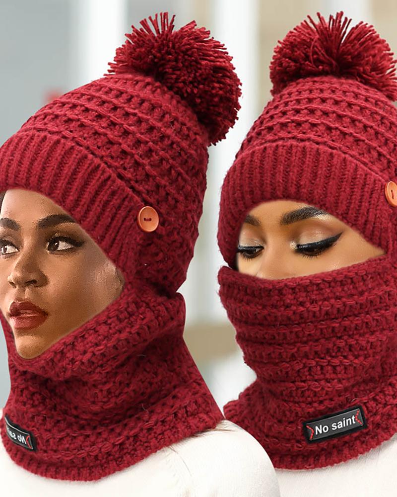 

2 In 1 Pom Pom Plain Knit Beanie, Red