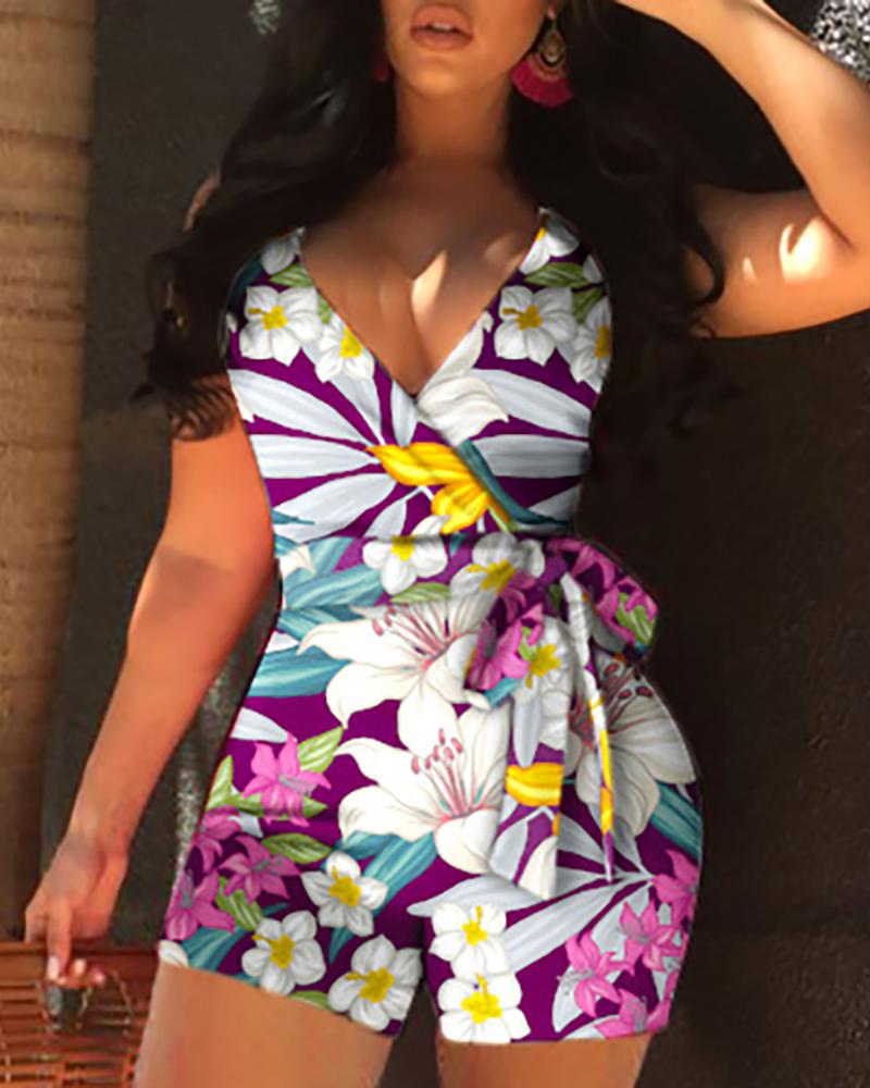 

Floral Print Wrapped Belted Sleeveless Romper, Purple