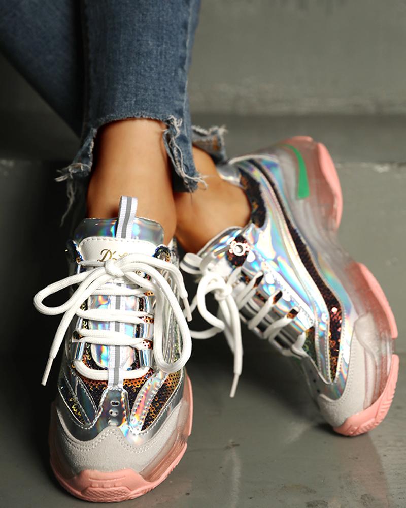 

Glitter Colorblock Breathable Lace-up Sneakers, Multicolor