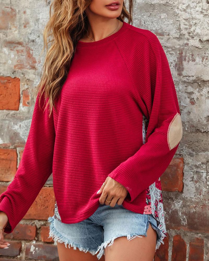 

Colorblock Long Sleeve Knit Casual Top, Red