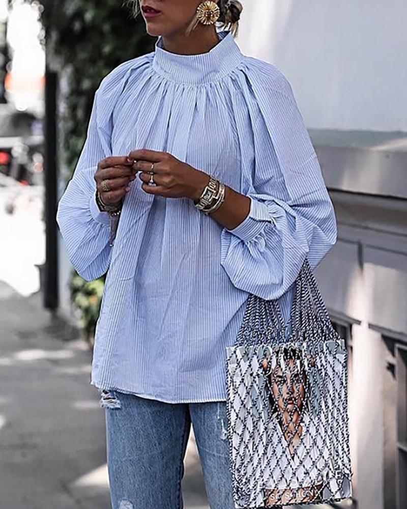 

Lantern Sleeve Striped Ruched Blouse