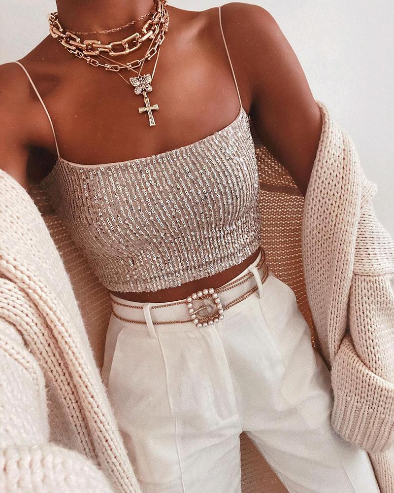 

Sequins Spaghetti Strap Crop Top, Pink