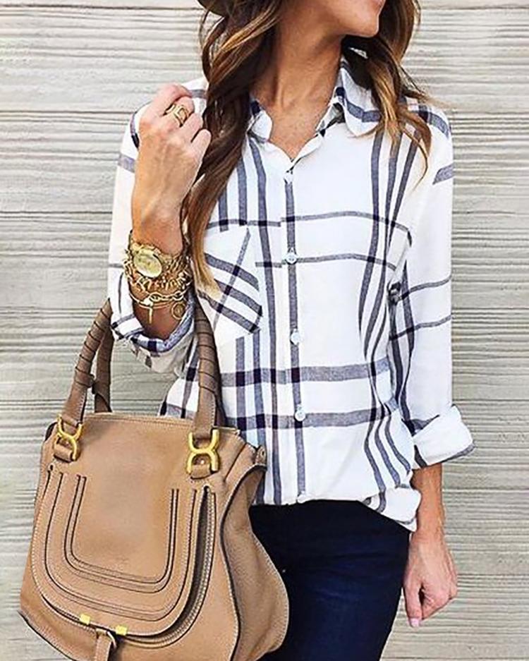 

Plaid Button Design Chest Pocket Casual Blouse