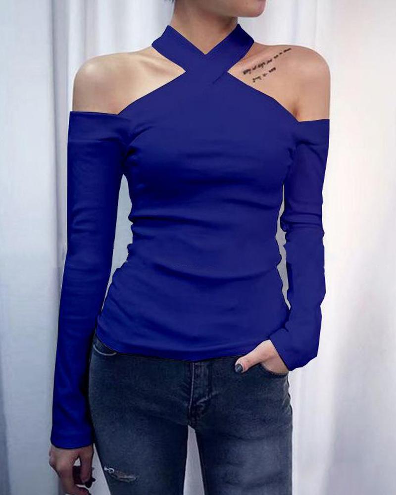 

Solid Halter Cold Shoulder Top, Blue