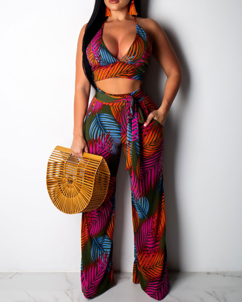 

Leaf Print Cami Top & Wide Leg Pants Set, Green