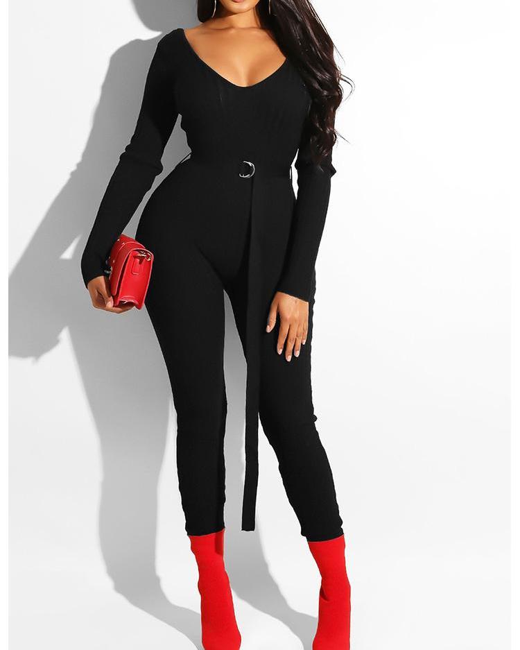

Double V Long Sleeve Belted Skinny Jumpsuit, Black