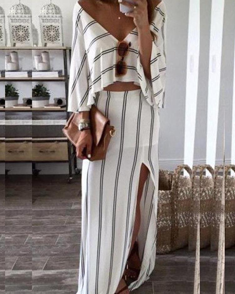 

Women Sexy V Neck Striped Side Split Set, Blue