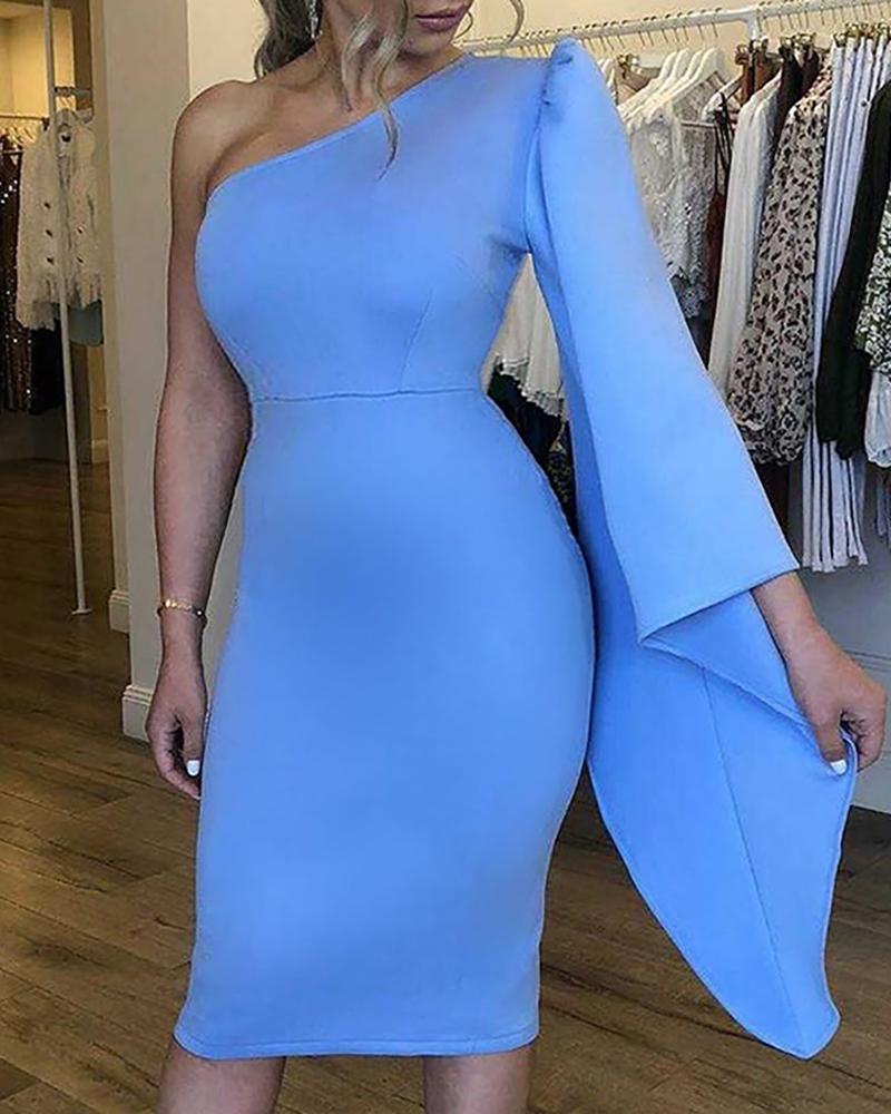 

Solid One Shoulder Midi Dress, Blue