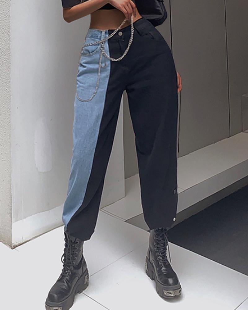 

Colorblock Buttoned Slit Denim Pants, Black