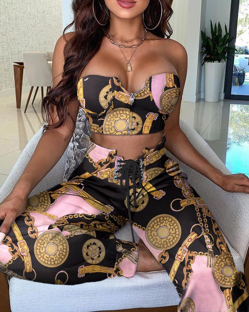 

Chain Print Zipper Bandeau Top & Eyelet Lace-up Pants Set, Multicolor