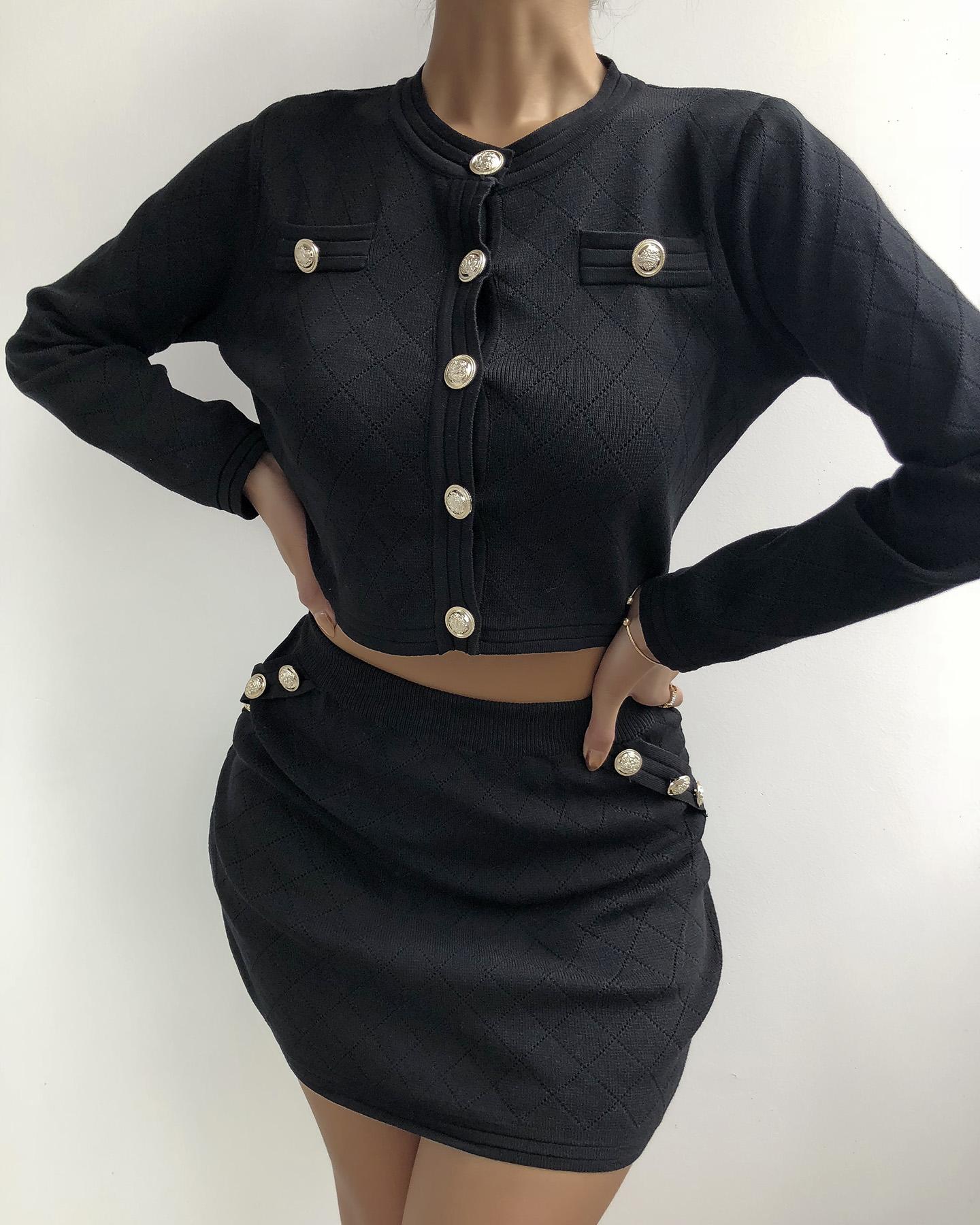 

Button Design Crop Top & Skirt Set, Black