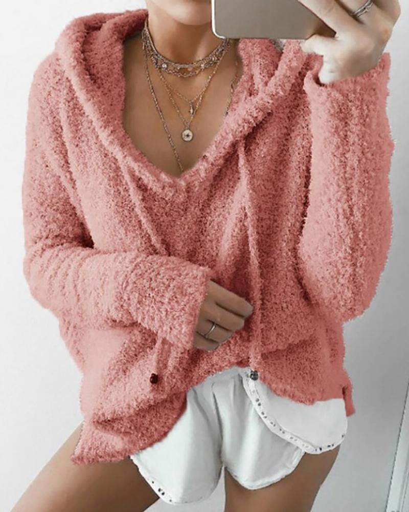 

Solid Drawstring Teddy Hooded Sweatshirt, Pink