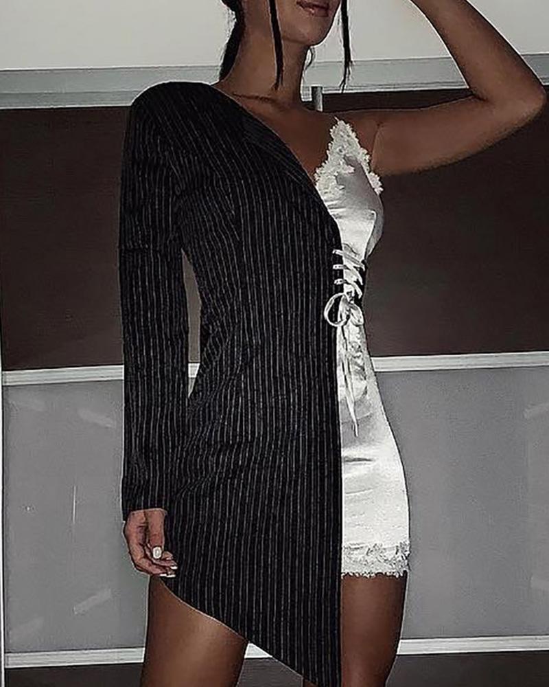 

Contrast Color Striped Lace Insert Lace-Up Dress, Black
