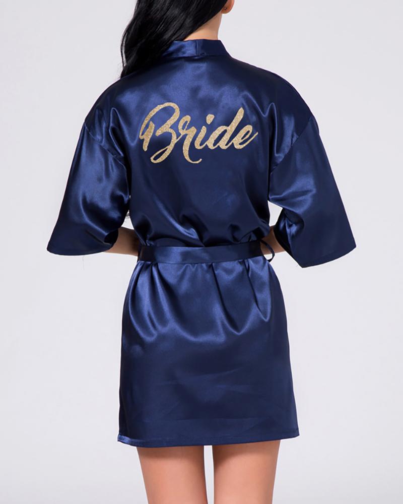 

Letter Print Satin Robe For Bride, Dark blue