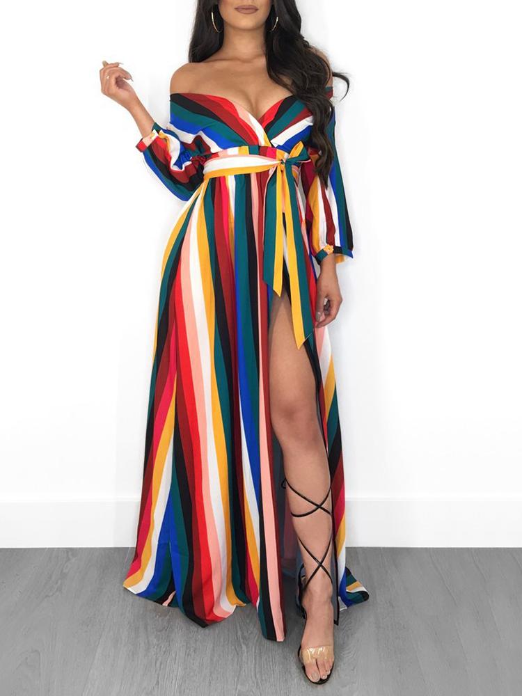 

Colorful Stripes Off Shoulder High Slit Dress