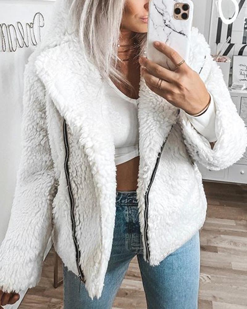 

Casual Fluffy Zip Front Jacket, White