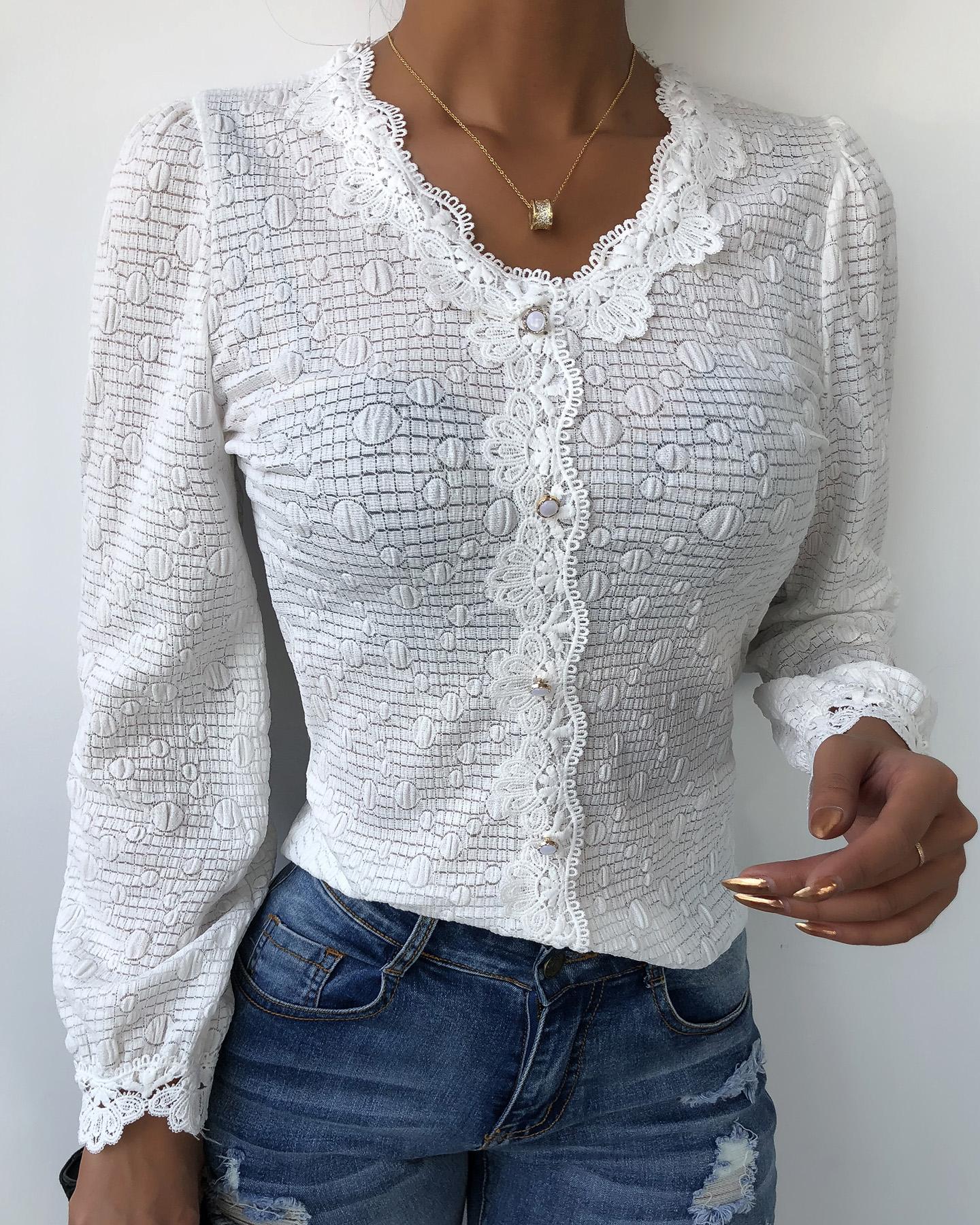 

Lace Trim Button Design Lantern Sleeve Top, White