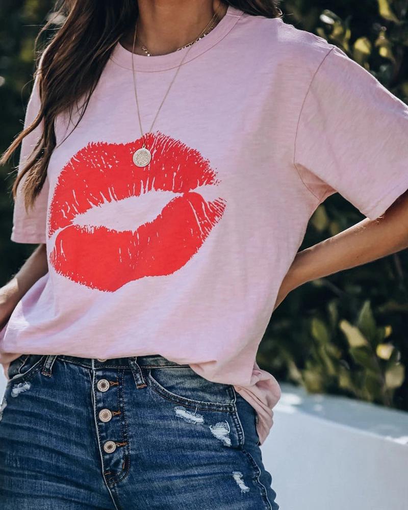 

Lip Print Short Sleeve Casual T-shirt, Pink