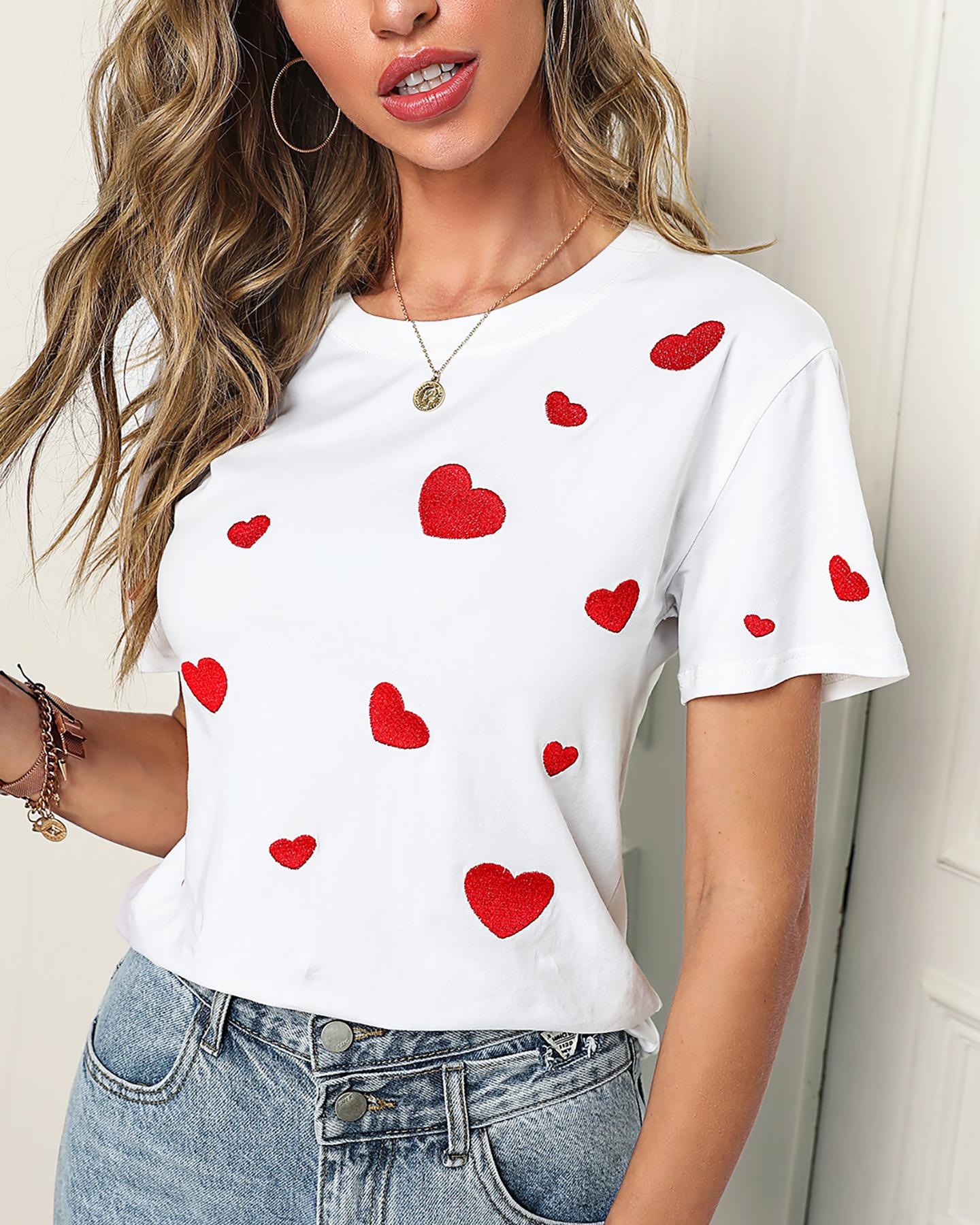 

Heart Pattern Short Sleeve Casual T-shirt, White