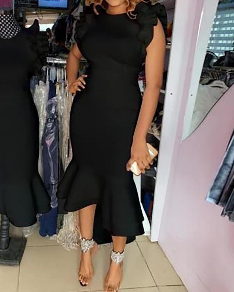 

Layered Ruffles Fishtail Bodycon Dress, Black