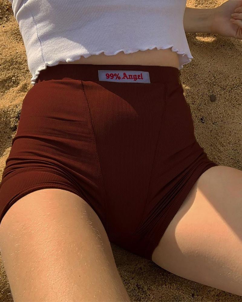 

Letter Embroidery High Waist Shorts, Brown