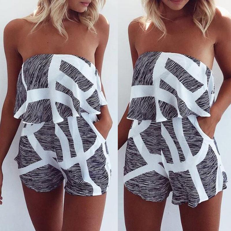 

Trendy Print Frilled Strapless Romper, White