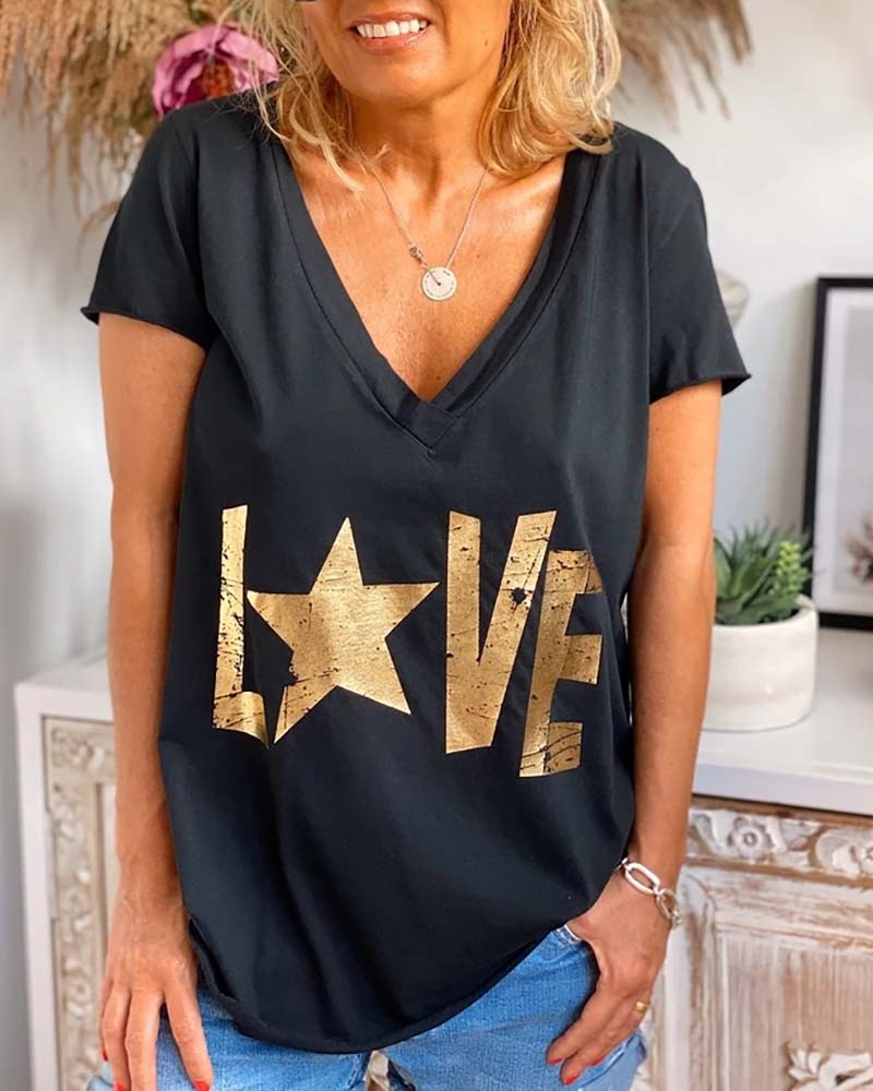 

Star Letter Print V-neck Casual T-shirt, Black