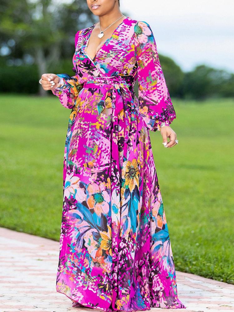 

Floral Print Deep V-Neck Long Sleeve Wrap Dress
