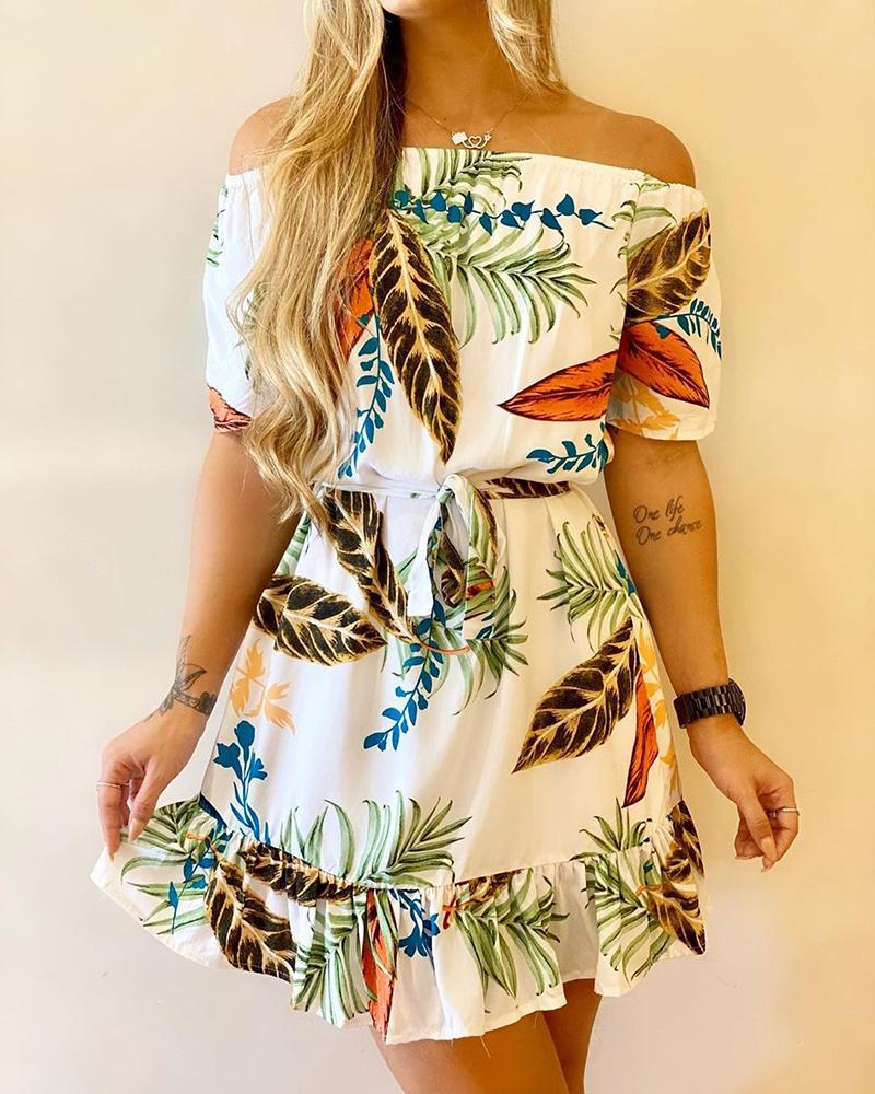 

Off Shoulder Leaf Print Ruffles Casual Dress, White