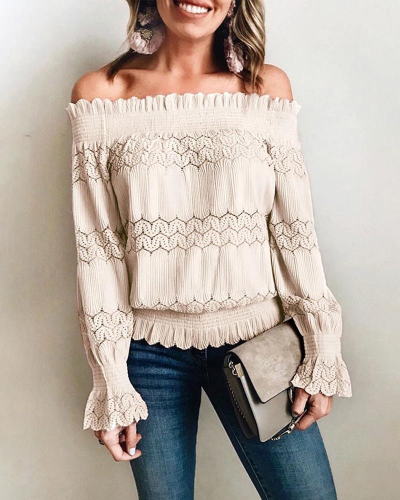 

Solid Eyelet Hollow Out Lace Detail Blouse, Apricot