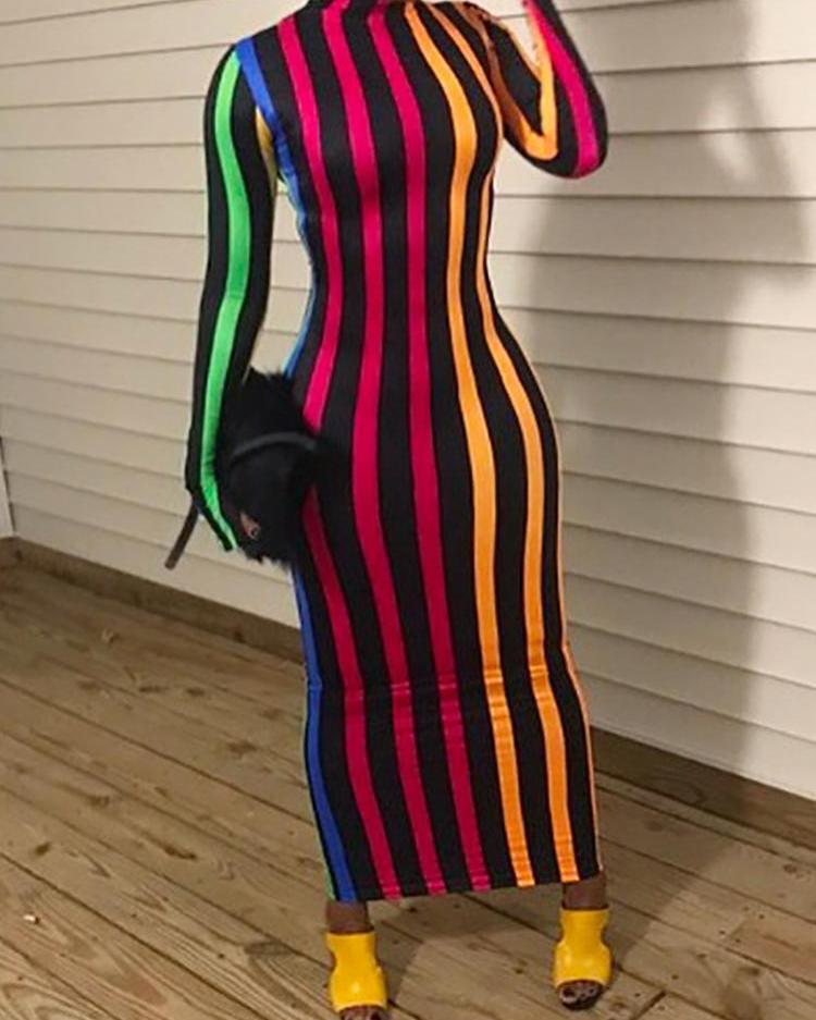 

Vertical Striped High Neck Dress, Red