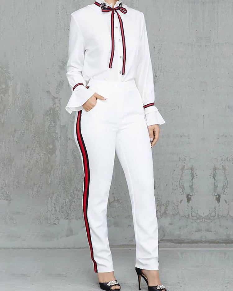 

Tied Neck Bell Sleeve Shirt & Striped Tape Side Pant Sets, White