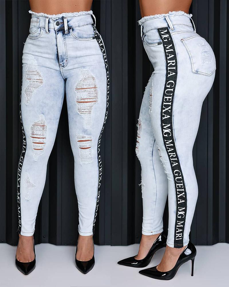

Letter Strap Cutout Fringe Hem Denim Pants, Blue