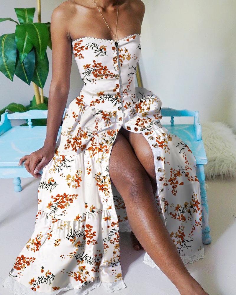 

Bandeau Floral Print Lace Trim Buttoned Maxi Dress, Multicolor