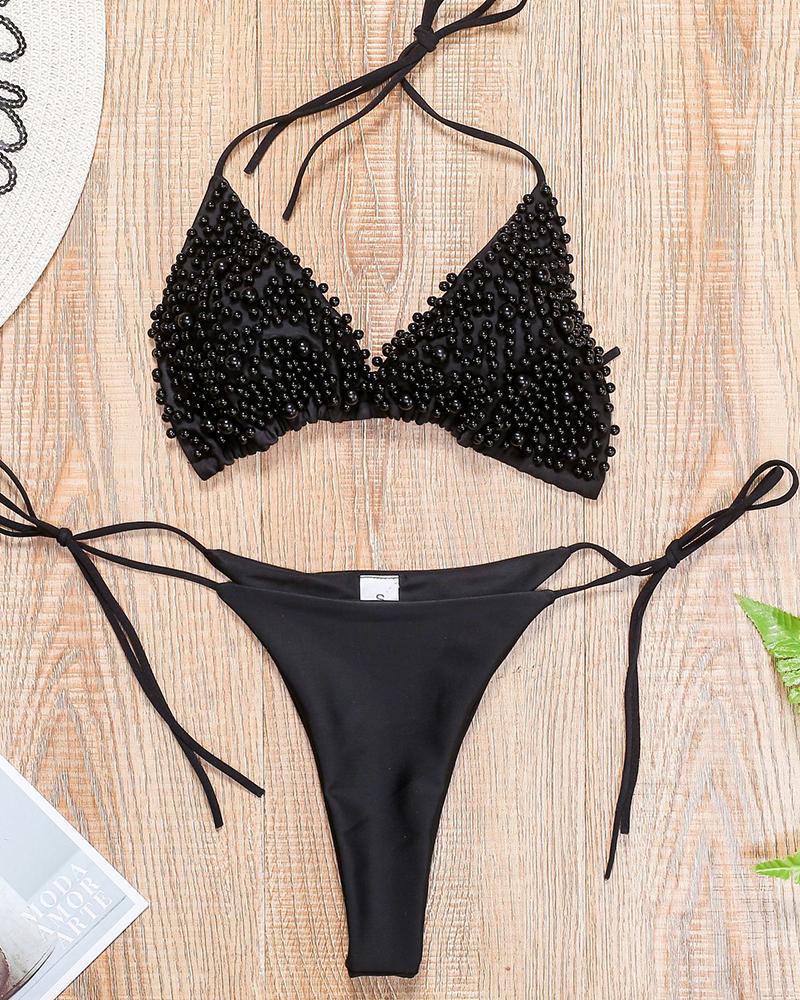 

Spaghetti Strap Beaded Bikini Set, Black